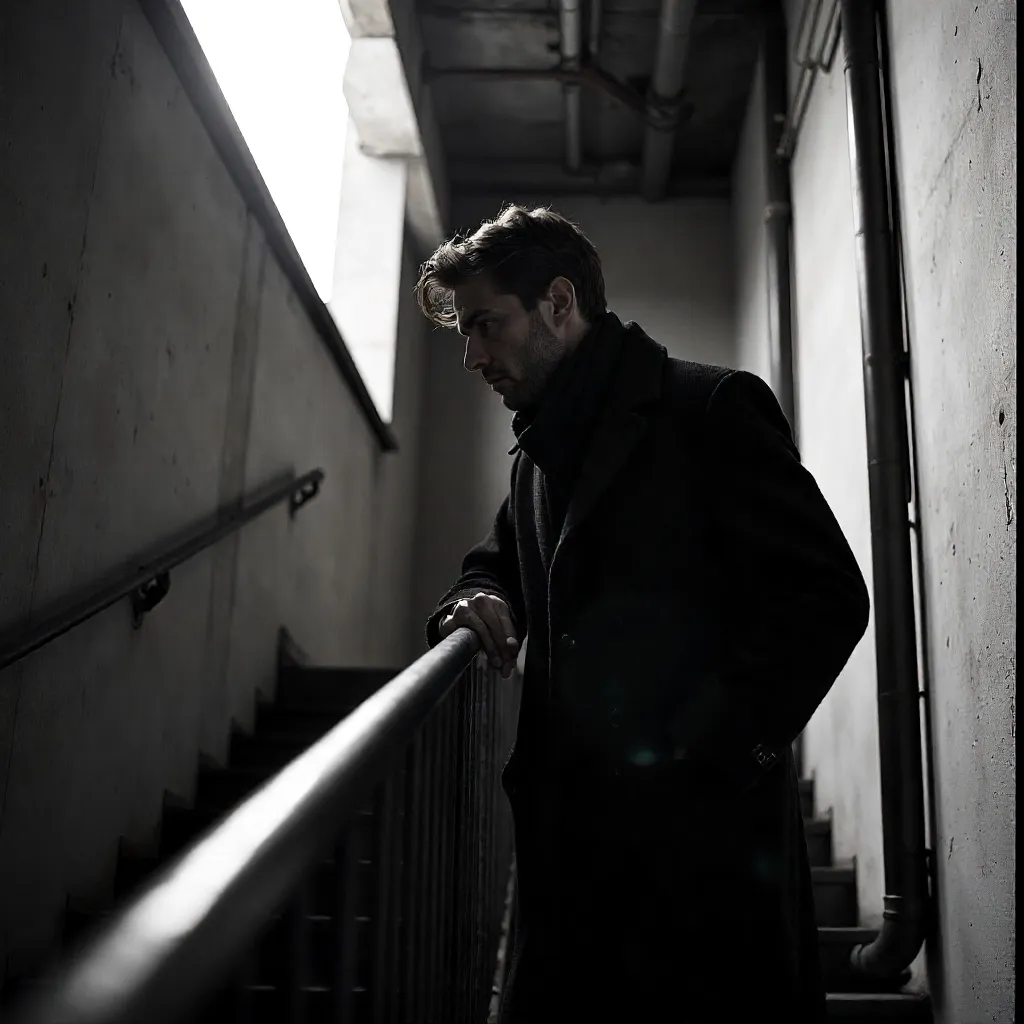 Contemplative Man on a Berlin Indoor Staircase