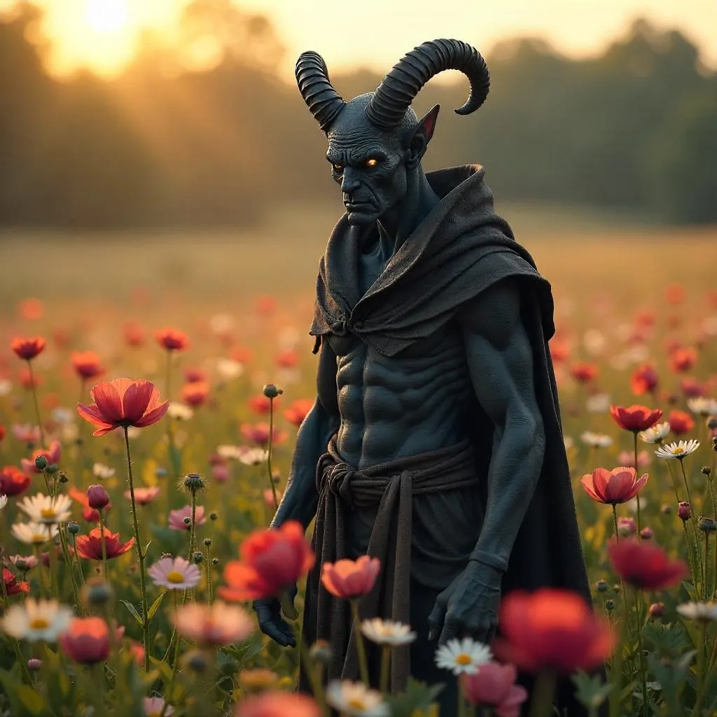 Demon in a Photorealistic Flower Field at Golden Hour