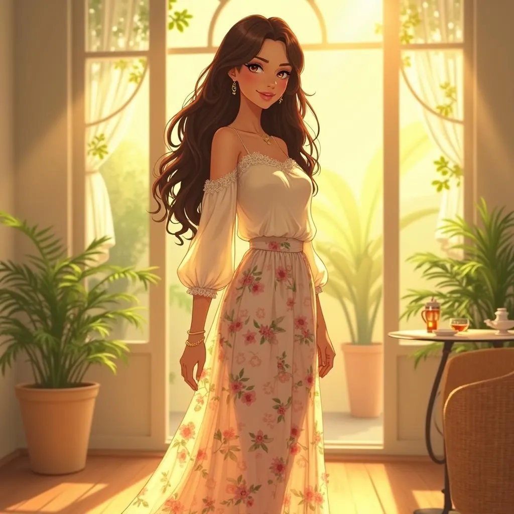 Elegant Latina Woman in a Sunlit Anime Sunroom