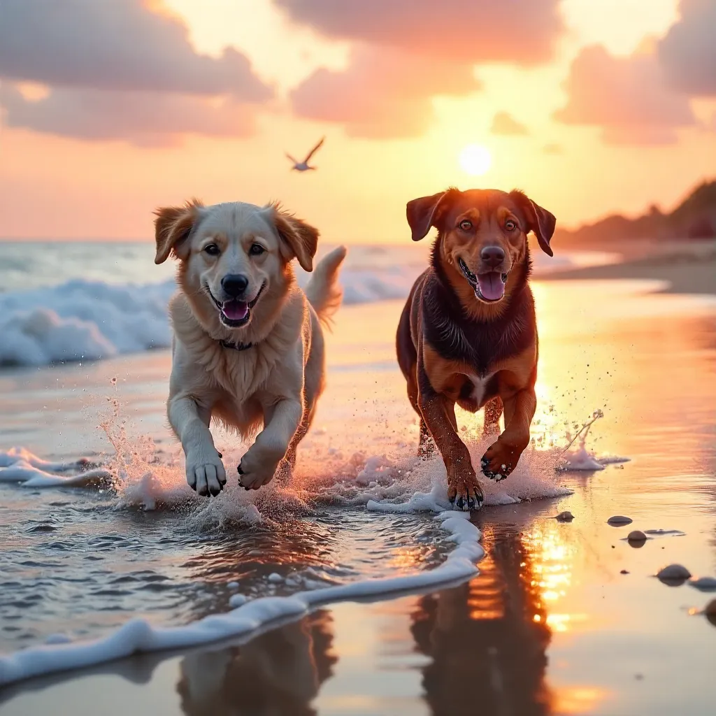 Dawn Frolic: Two Dogs on Sunrise Beach