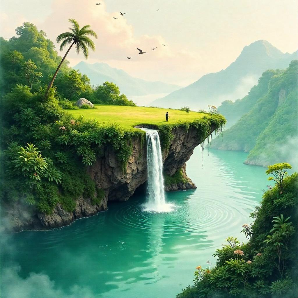 Plateau Rising from a Hidden Lagoon in Watercolor