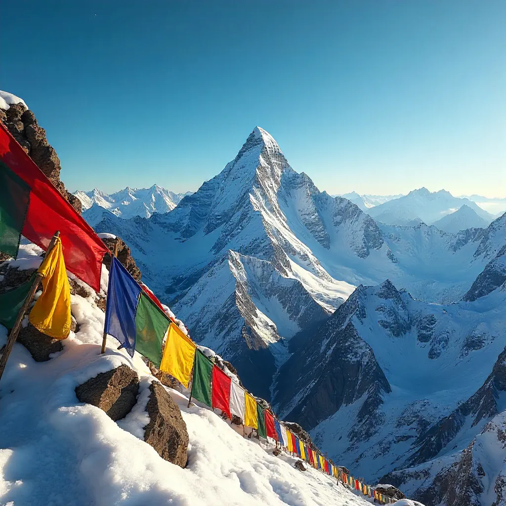 Dawn on a Himalayan Peak with Colorful Prayer Flags