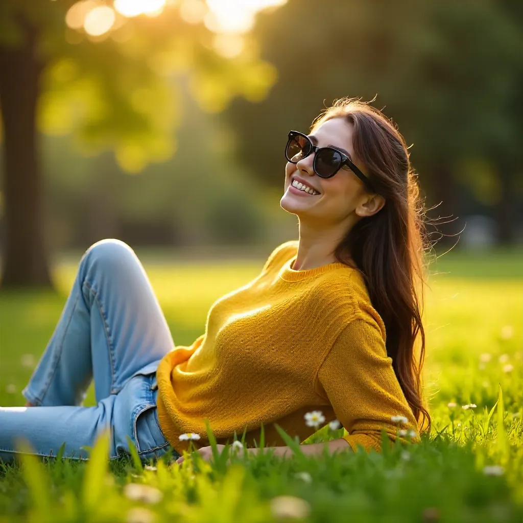 Carefree Style: Sunglassed Woman on Grass in Yellow Sweater