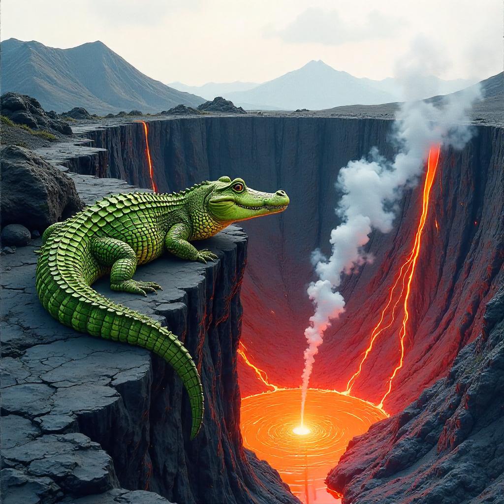 Crocodile in a Volcanic Crater — Watercolor Dream
