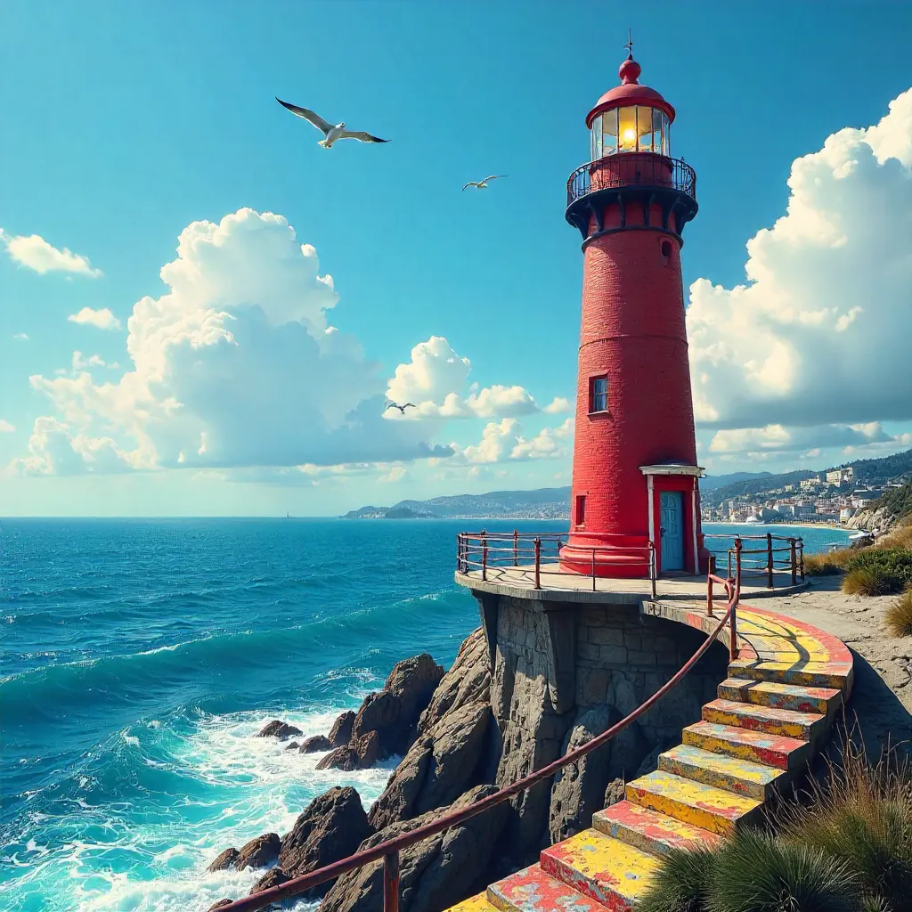 Dramatic Lighthouse on a Colorful Seaside Platform