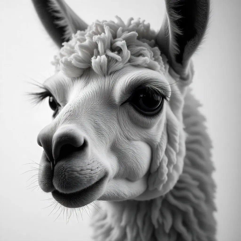 Soft Light Llama: Close-Up Black & White Portrait
