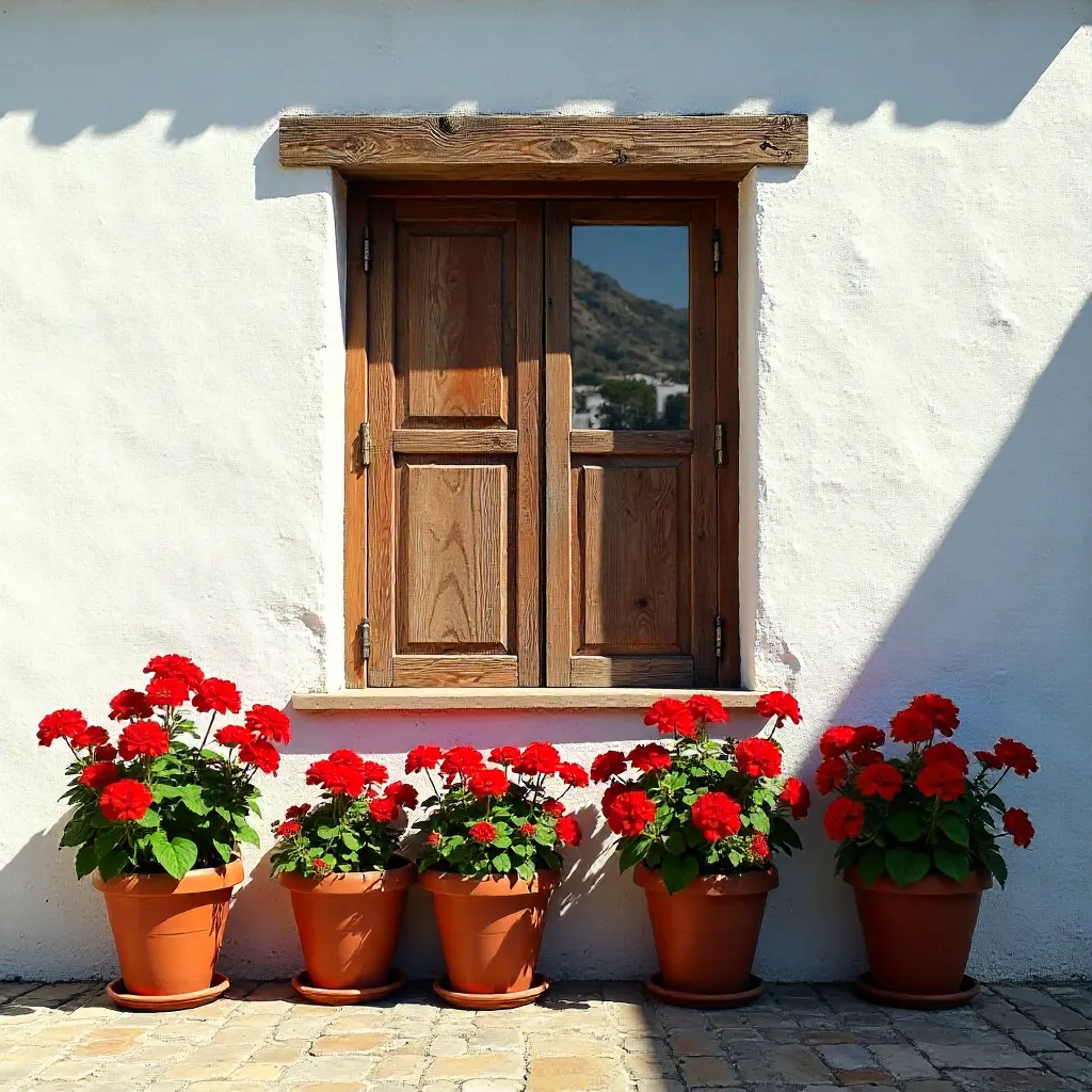 Vibrant Red Geraniums Framing a Whitewashed Window in Frigiliana