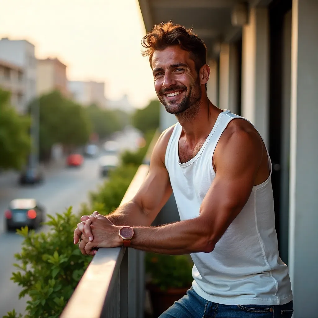 Relaxed Man on Balcony in White Tank Top