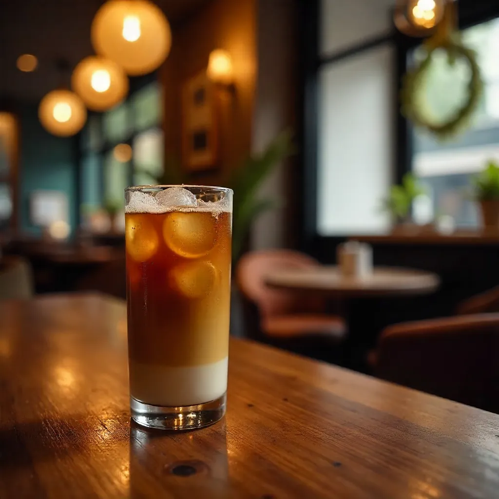 Warm Ambient Café with Iced Coffee Glow