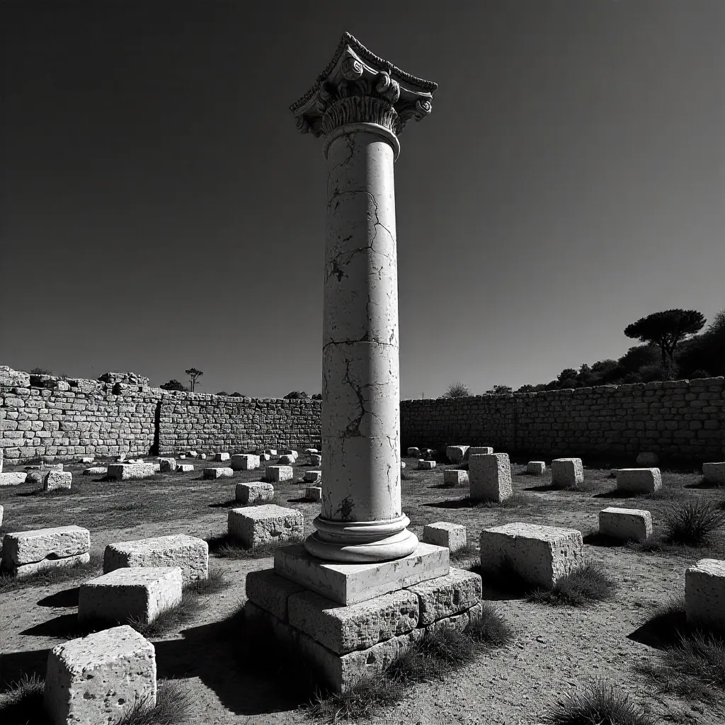 Monochrome Roman Column Amid Antalya Ruins