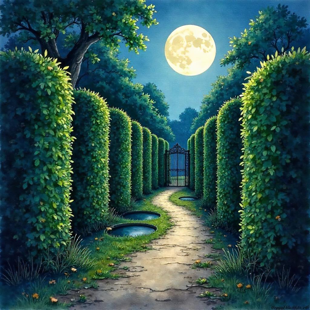 Moonlit Watercolor Hedge Maze
