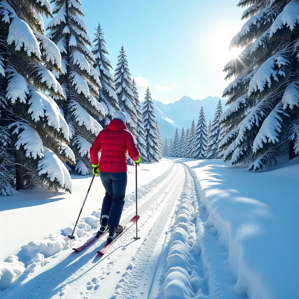 Lone Skier on a Sunlit Snow-Covered Trail