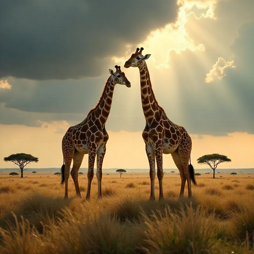 Two Giraffes Under a Dramatic Stormy Sky