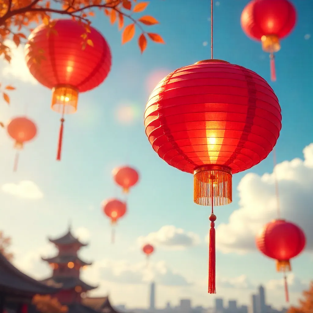 Red Chinese Lanterns Drifting Across a Clear Blue Sky