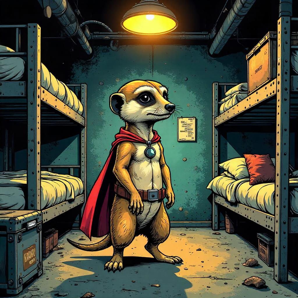 Meerkat Comic Hero in a Bomb Shelter