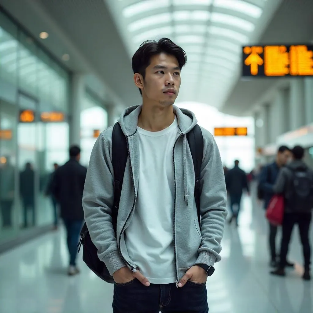 Photorealistic young Asian man in an airport terminal