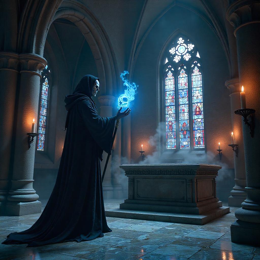 3D Necromancer in a Gothic Chapel