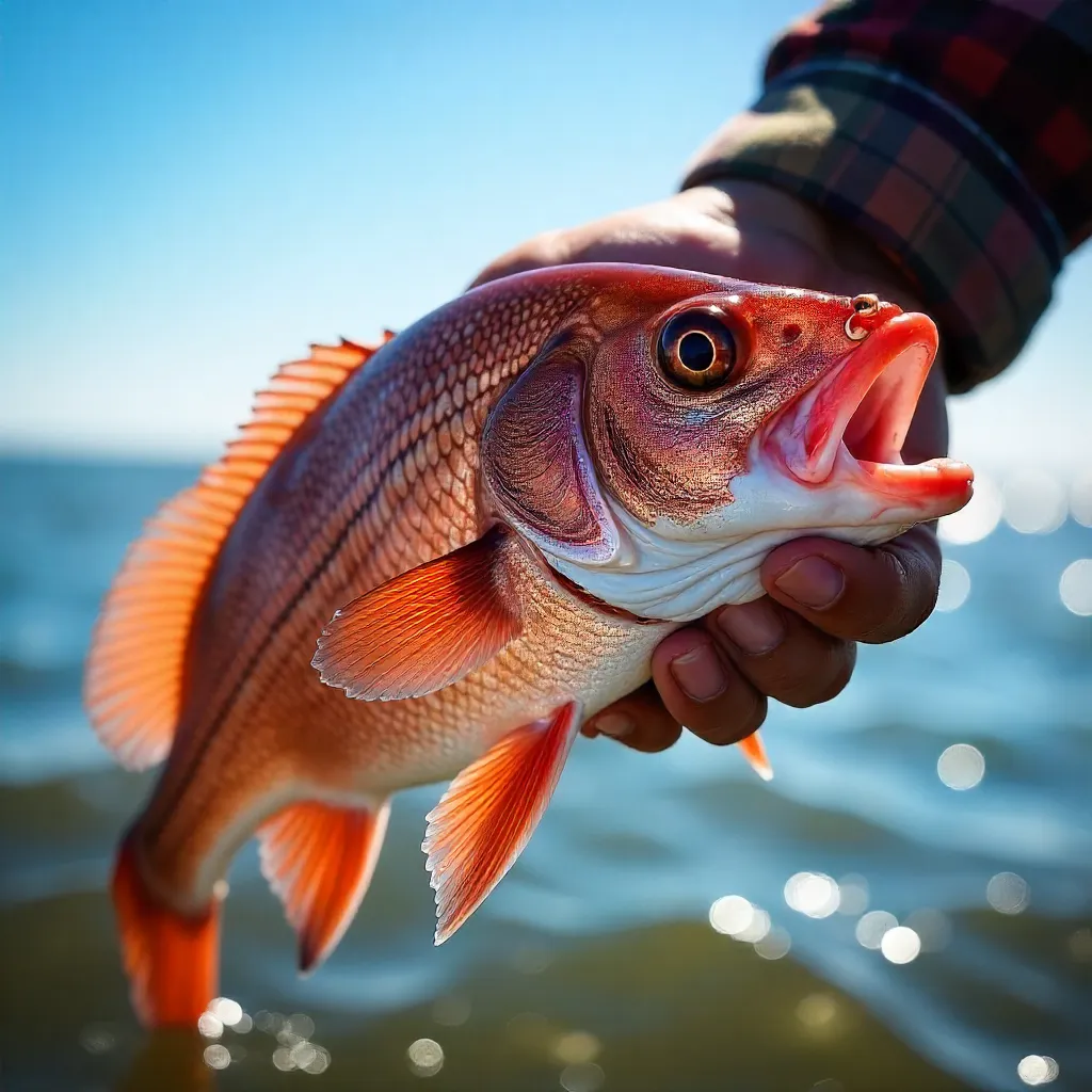 Close-Up of a Red Drum Held Over Sunlit Water