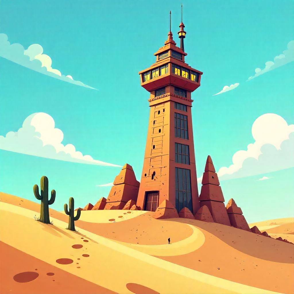 Desert Skyscraper: A Cartoon Tower in Dunes