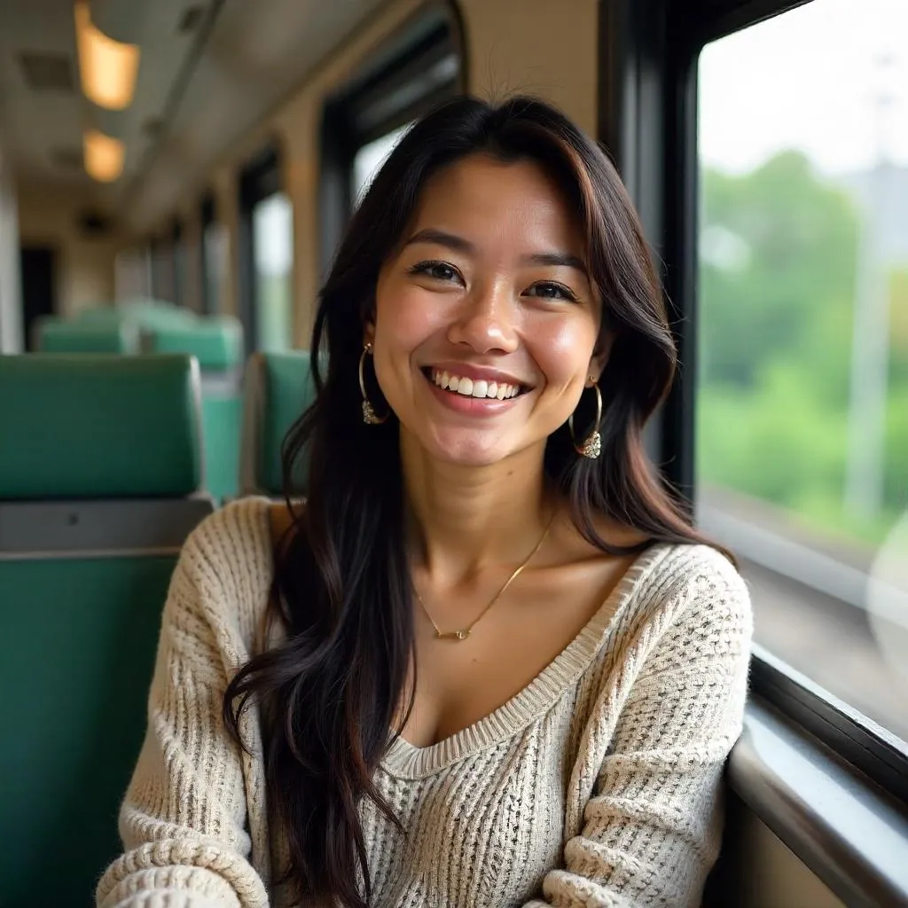 Cheerful Latina Woman on a Train