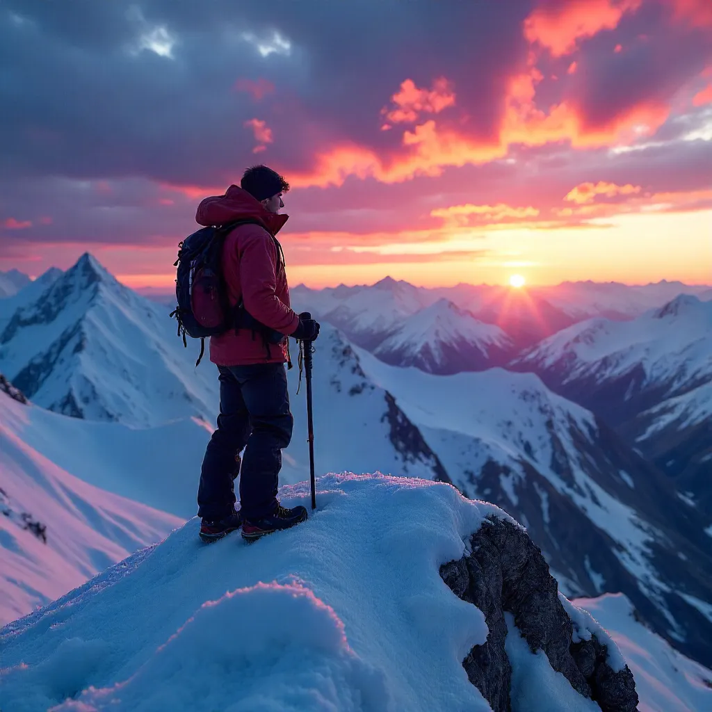 Lone Mountaineer Under a Mystic Violet Sunset