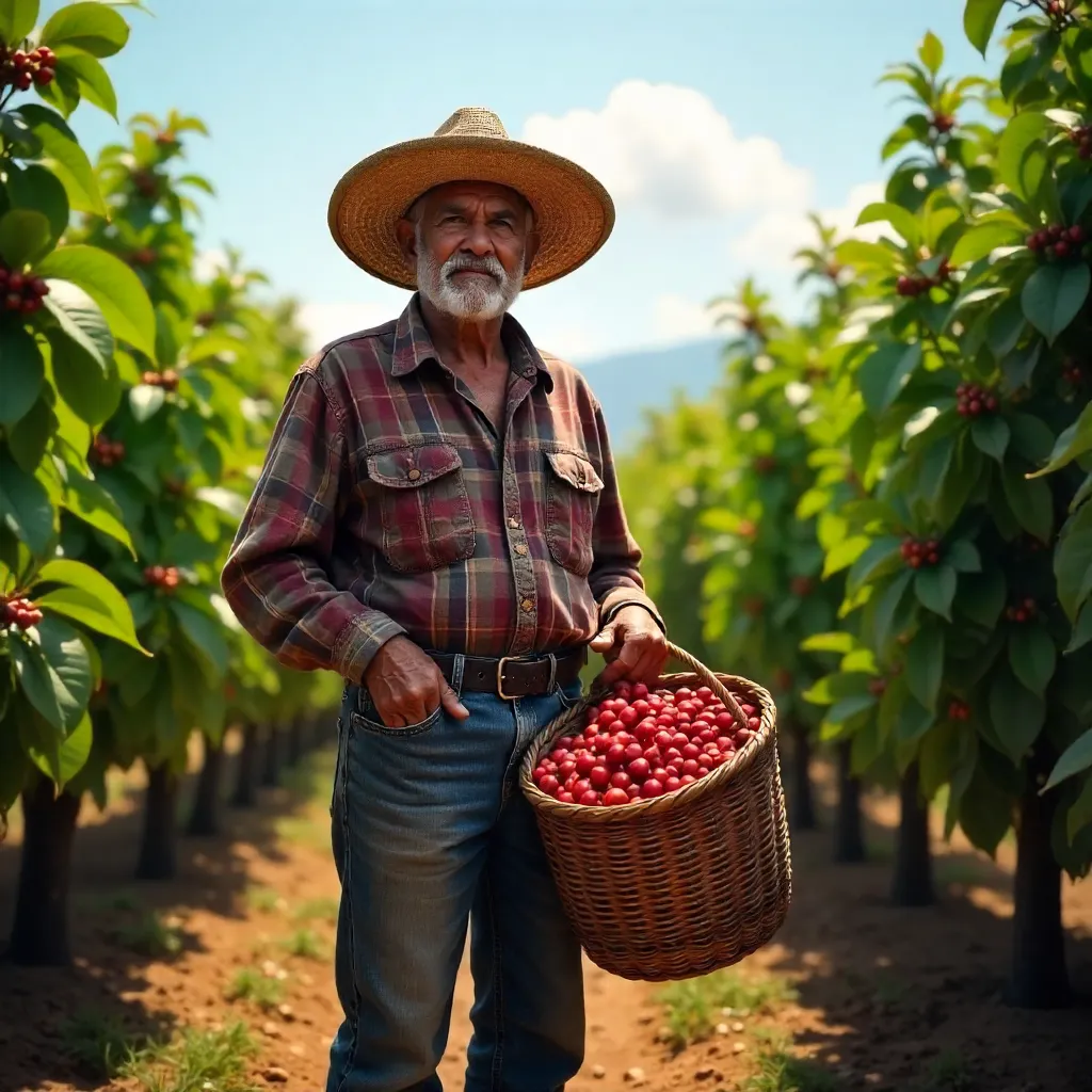 Sunny Mexican Coffee Farm: Elderly Farmer with Basket