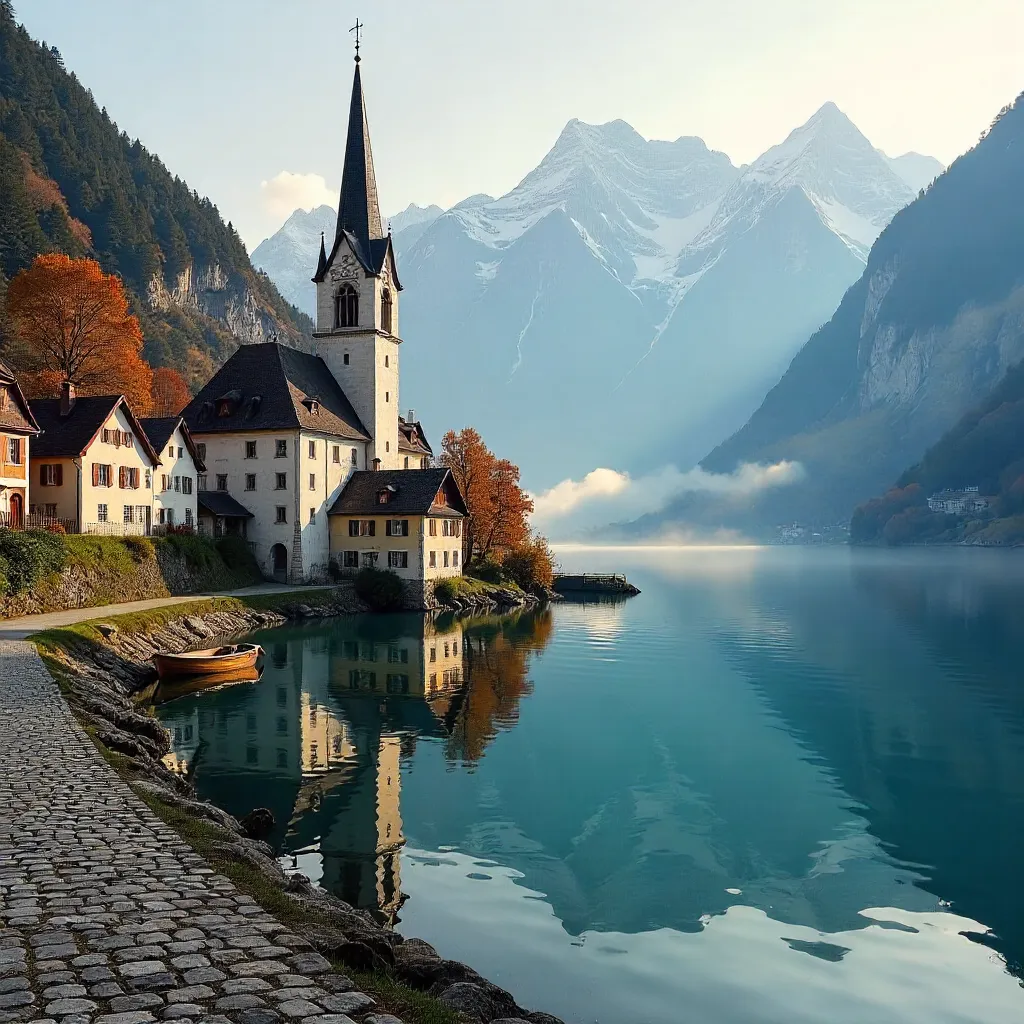 Hallstatt Lakefront: Village, Church, and Alps