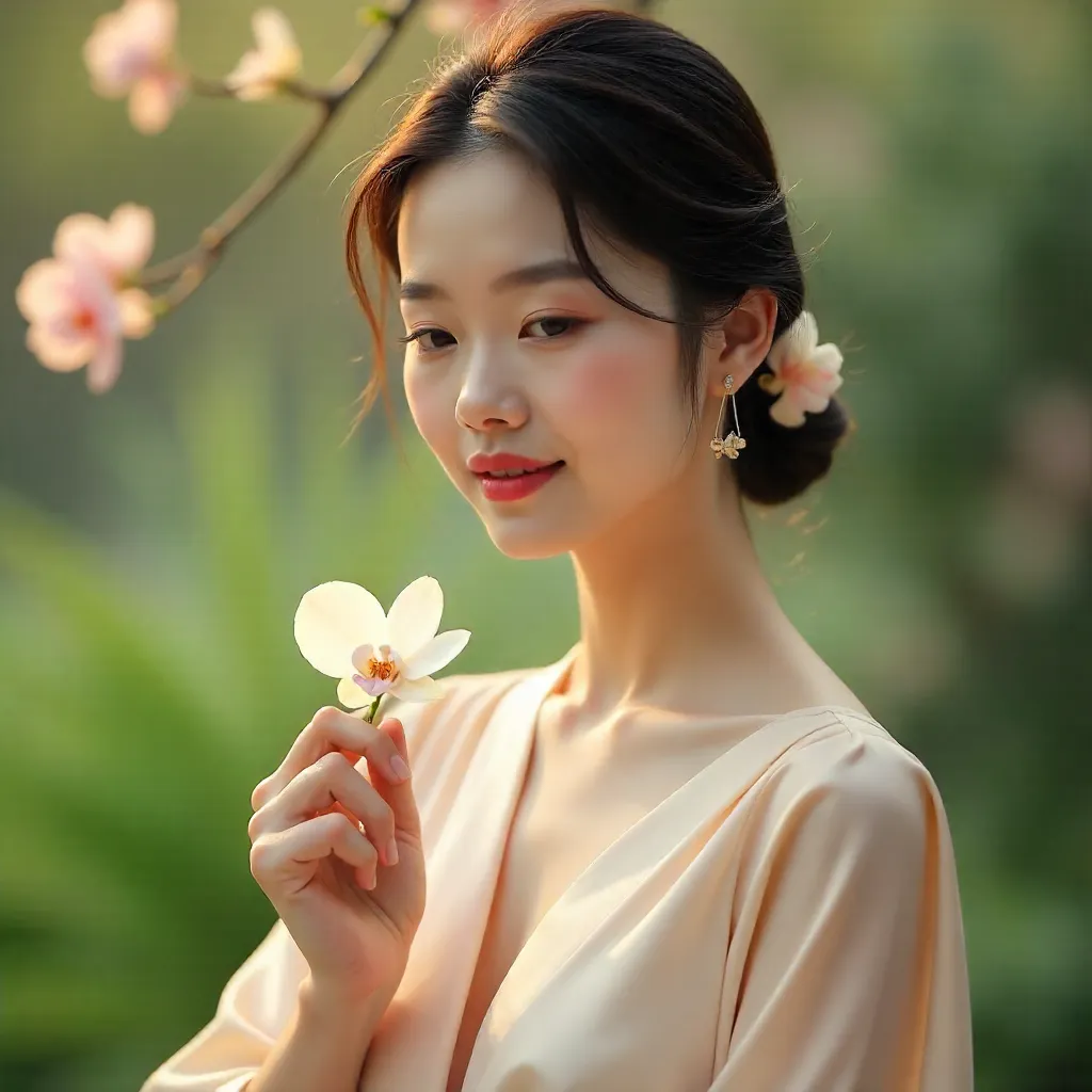 Elegance in Bloom: Portrait of an Asian Woman Holding a Flower