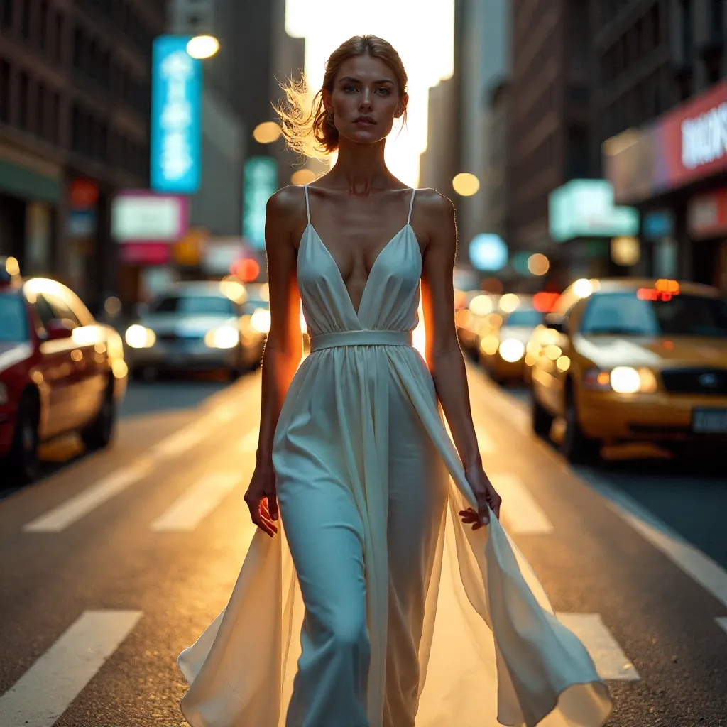 White Dress in City Traffic: Striking Contrast