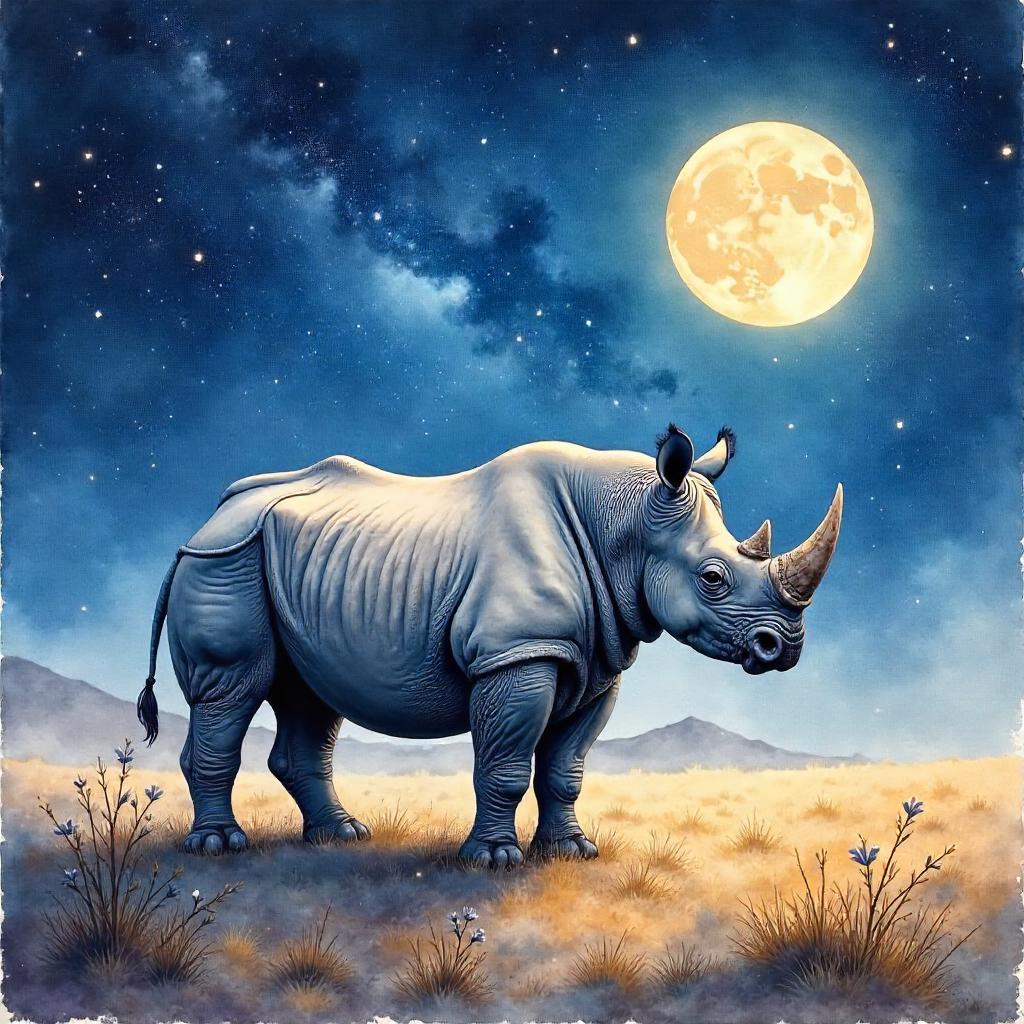 Rhino Among Stars in Watercolor