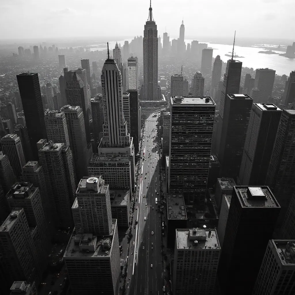 Monochrome Aerial Cityscape: Skyscraper Grid