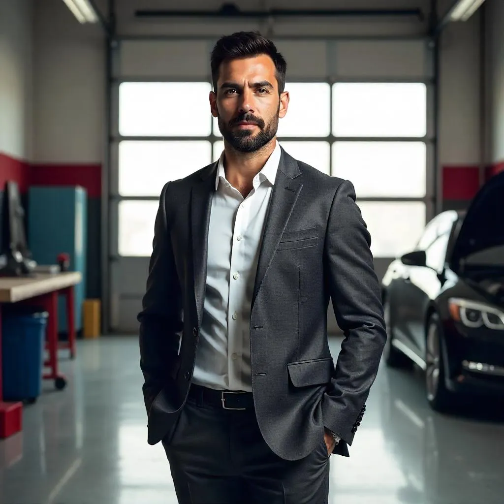 Photorealistic Latino Professional in a Garage