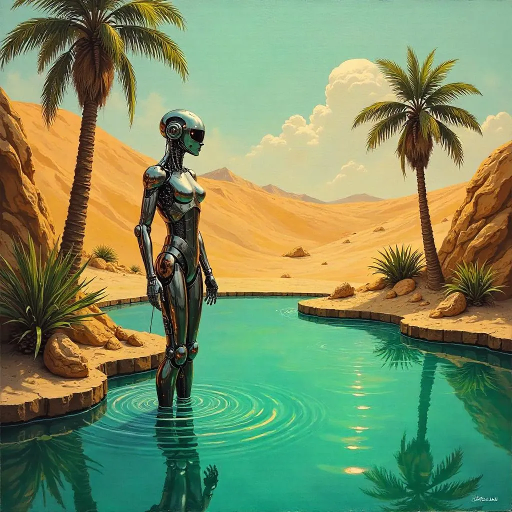 Cyborg in Oasis: An Oil Painting