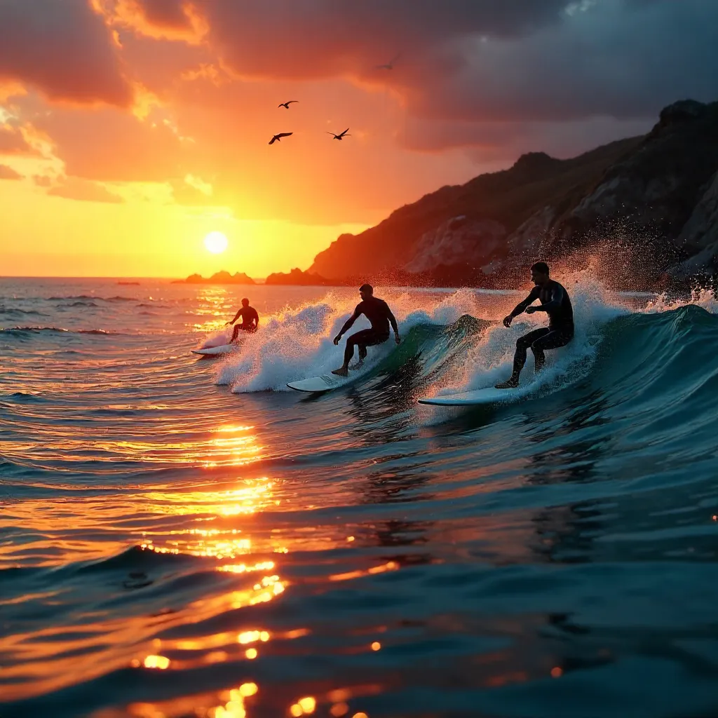 Sunset Surf: Golden Hour Waves and Silhouetted Riders