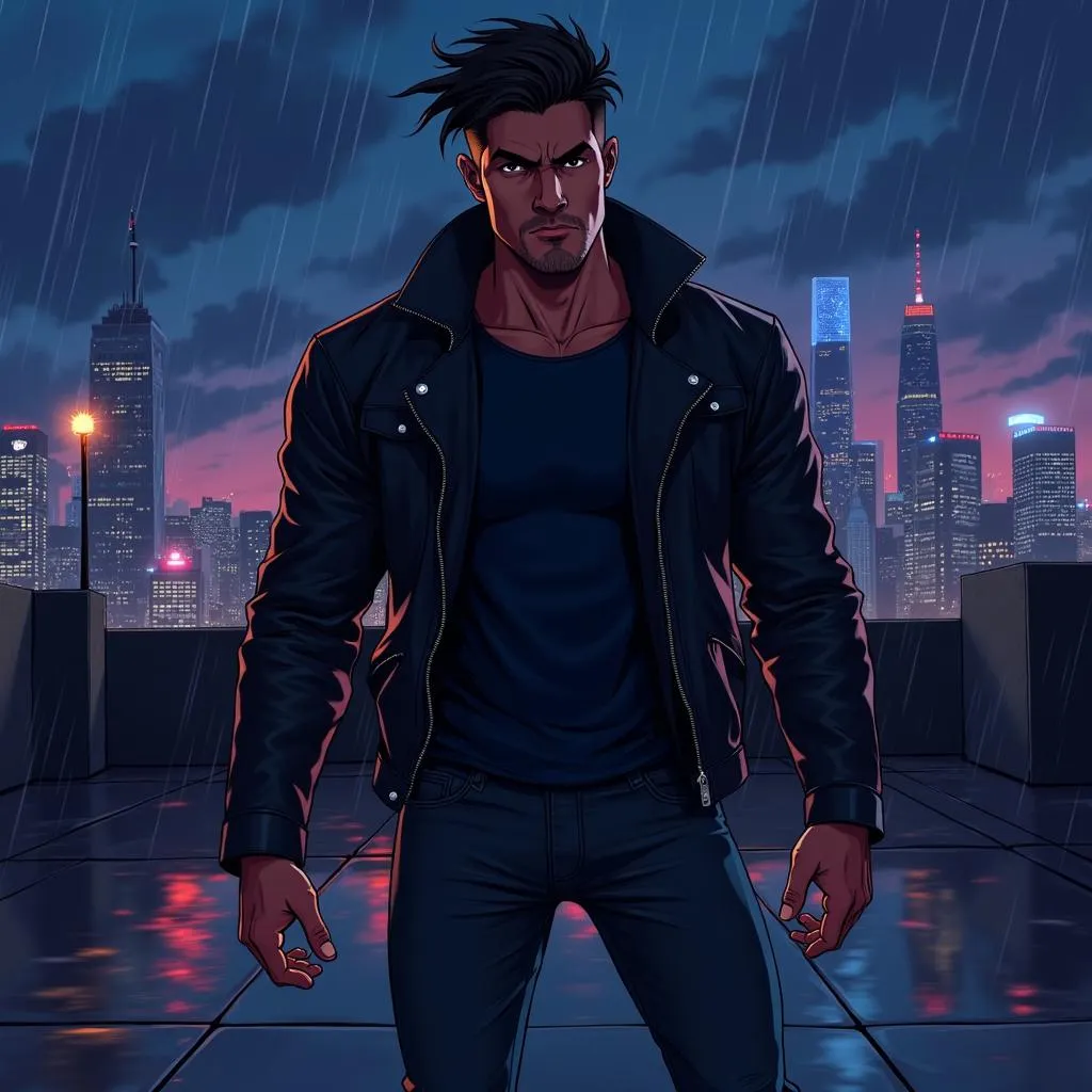 Latino Strongman on a Neon Rooftop