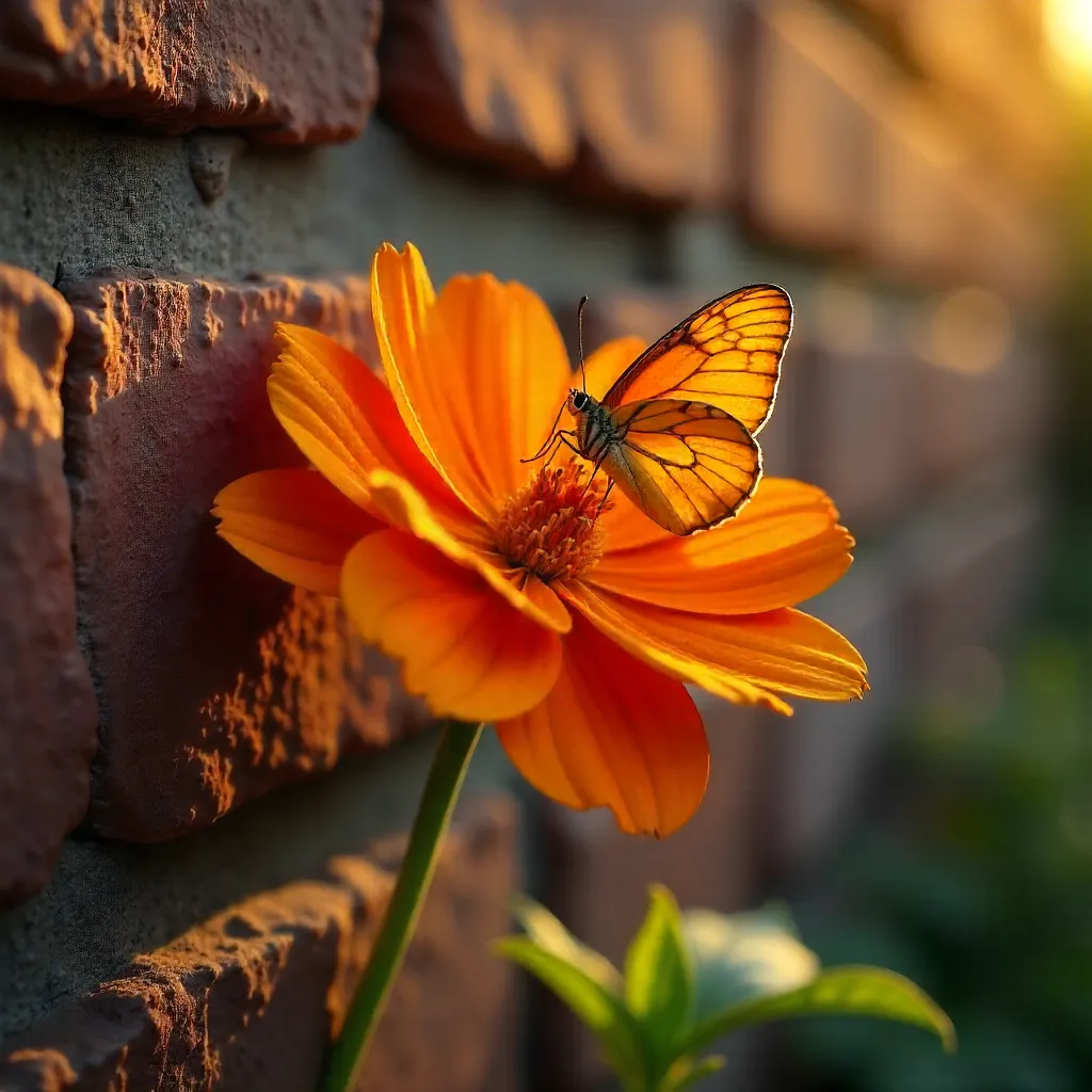 Orange Flower with Butterfly on Rustic Brick Wall