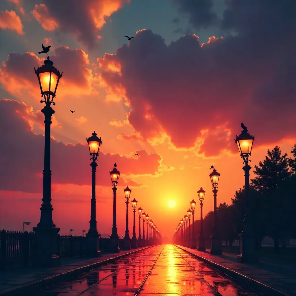 Silhouetted Lampposts and Birds at Sunset