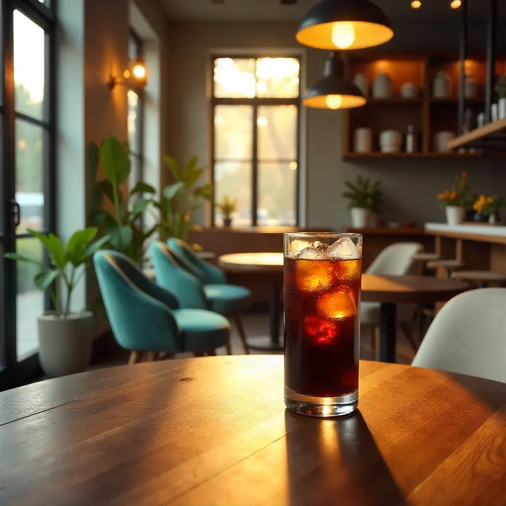 Warm Ambient Café Scene with Iced Coffee