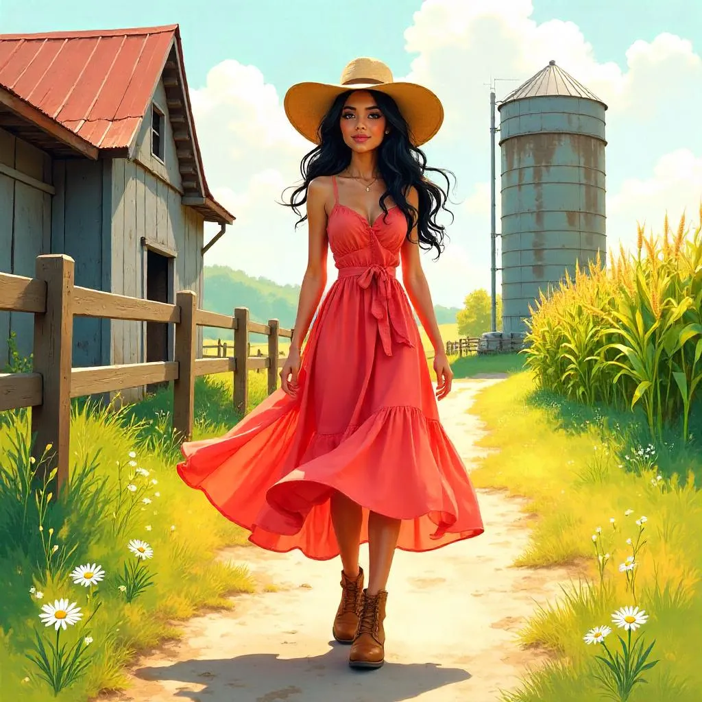 Watercolor Chic: Latina Girl on a Sunny Farm