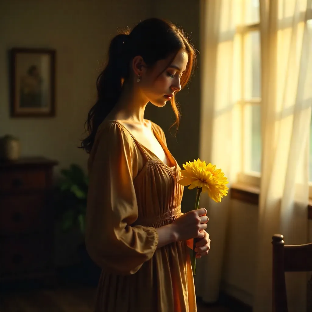 Soft Shadows: Woman in Brown Dress with Chrysanthemum