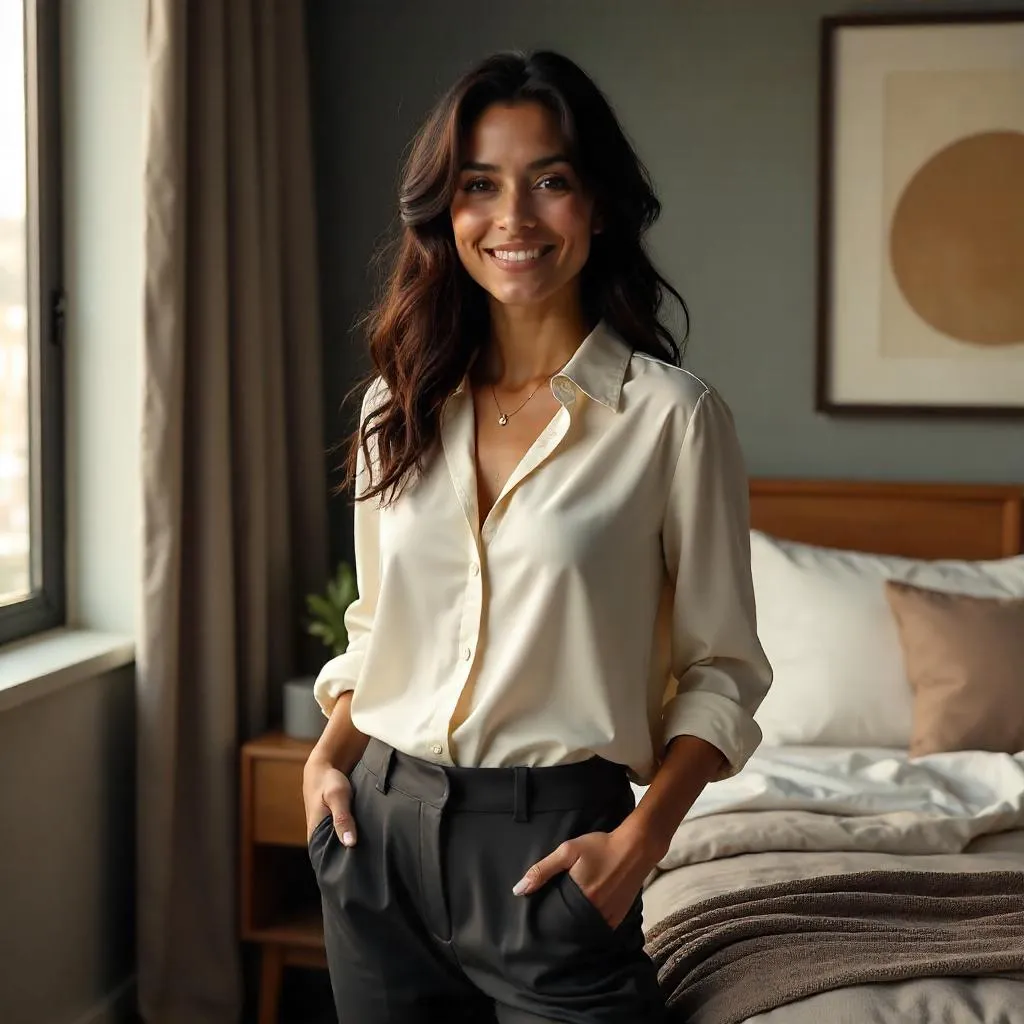Confident Latina in a Warm Bedroom Portrait
