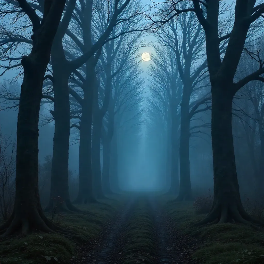 Haunting Foggy Forest of Bare Skeleton Trees