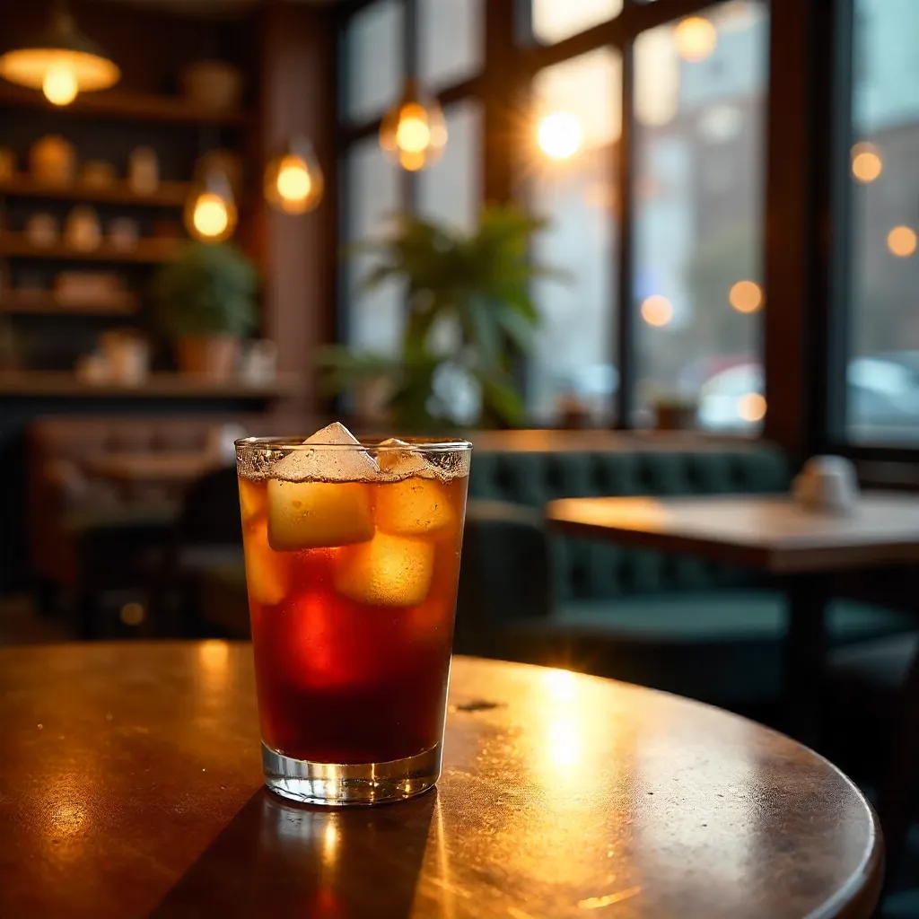 Warm Ambient Cafe with Iced Coffee Glow