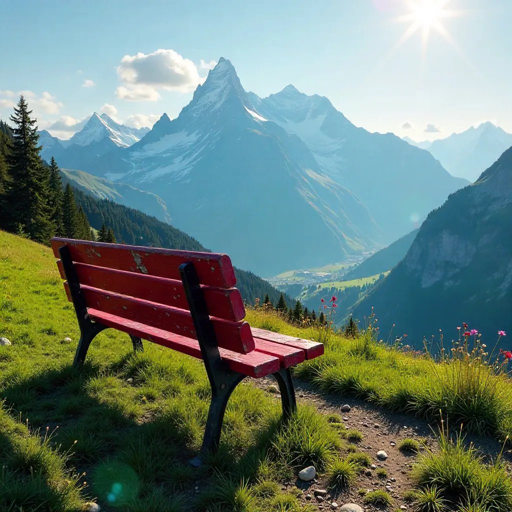 Lonely Red Bench Over Tirol Alps