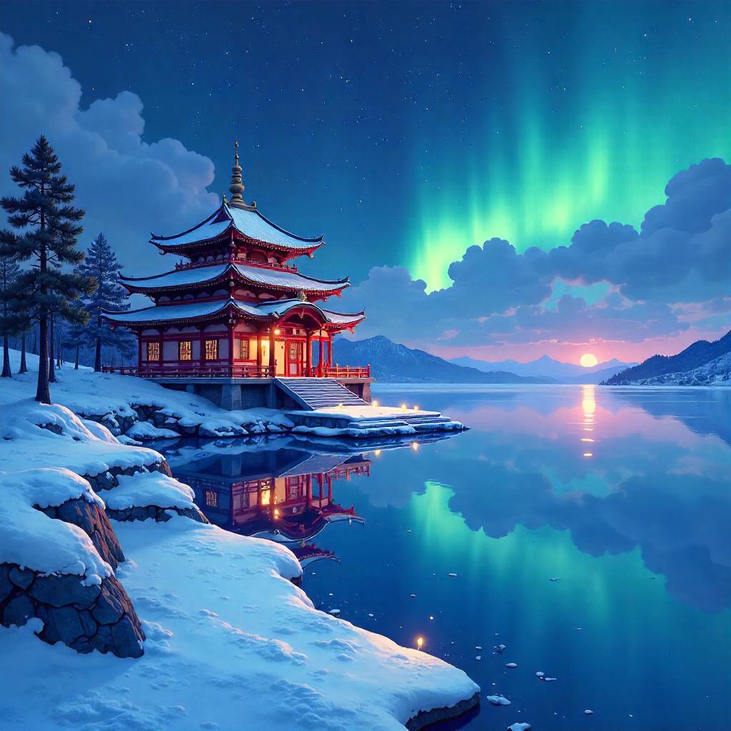 Temple on a Frozen Lake in Anime Style
