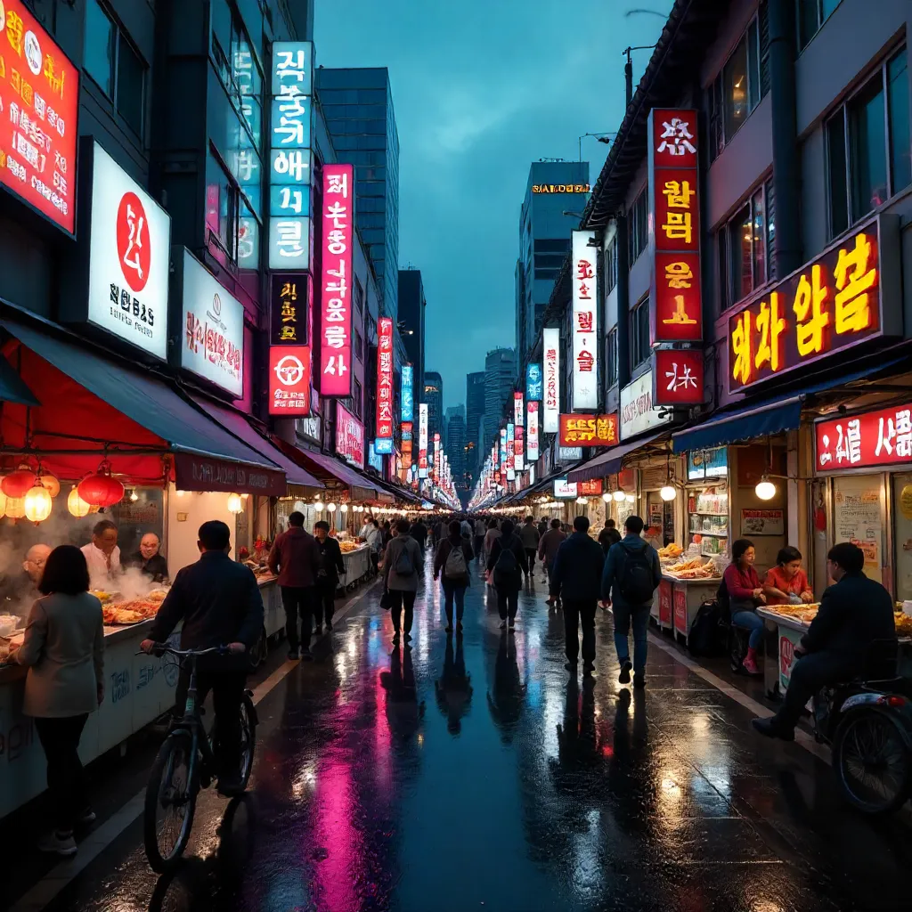 Neon Seoul: Bustling Street of Signs and People