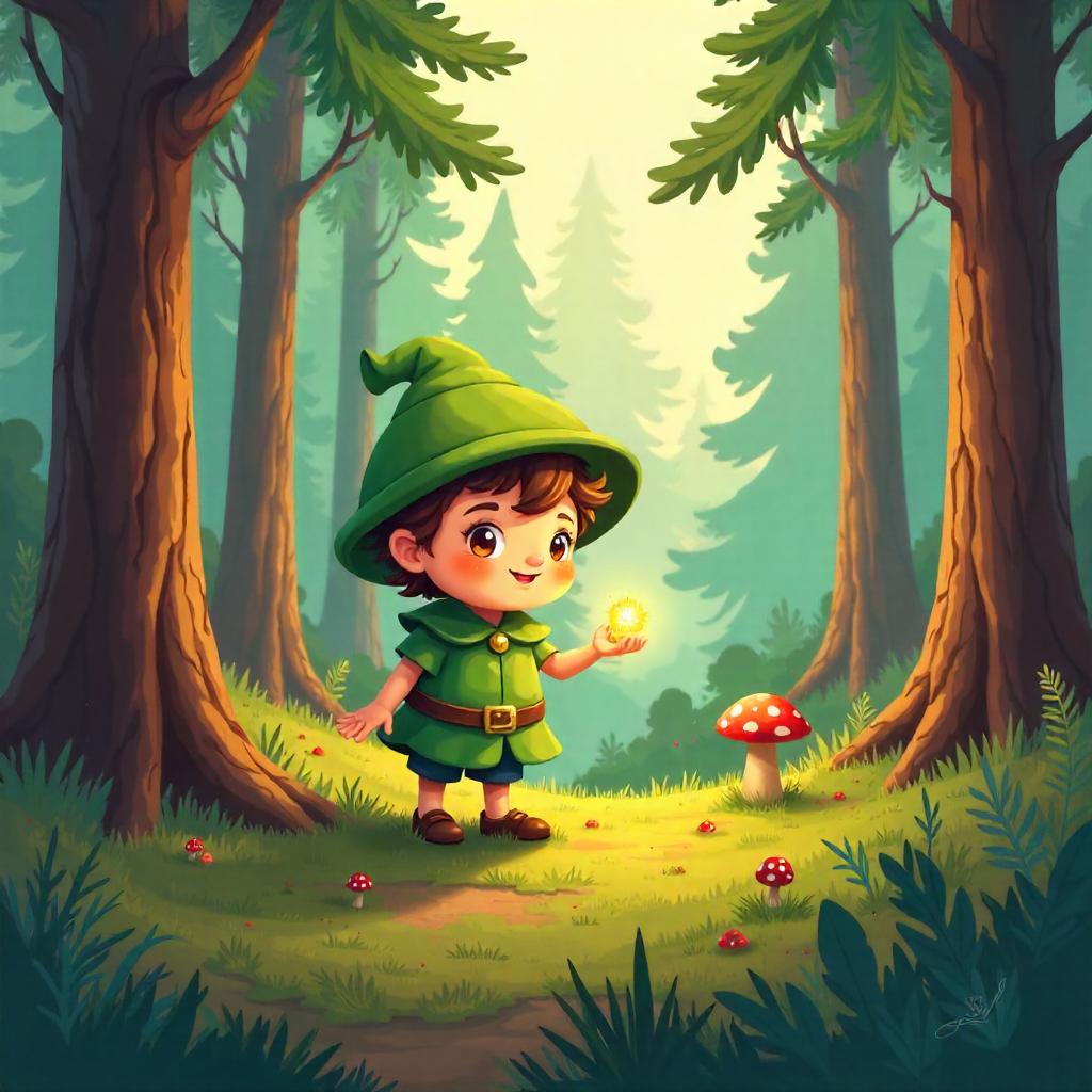 Cartoon Sprite in a Pine Forest