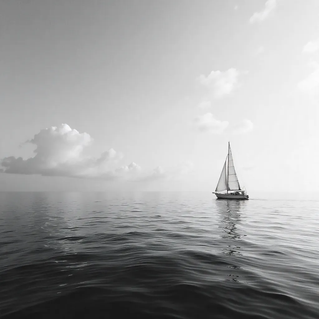 Solitary Sailboat on a Vast Black-and-White Sea
