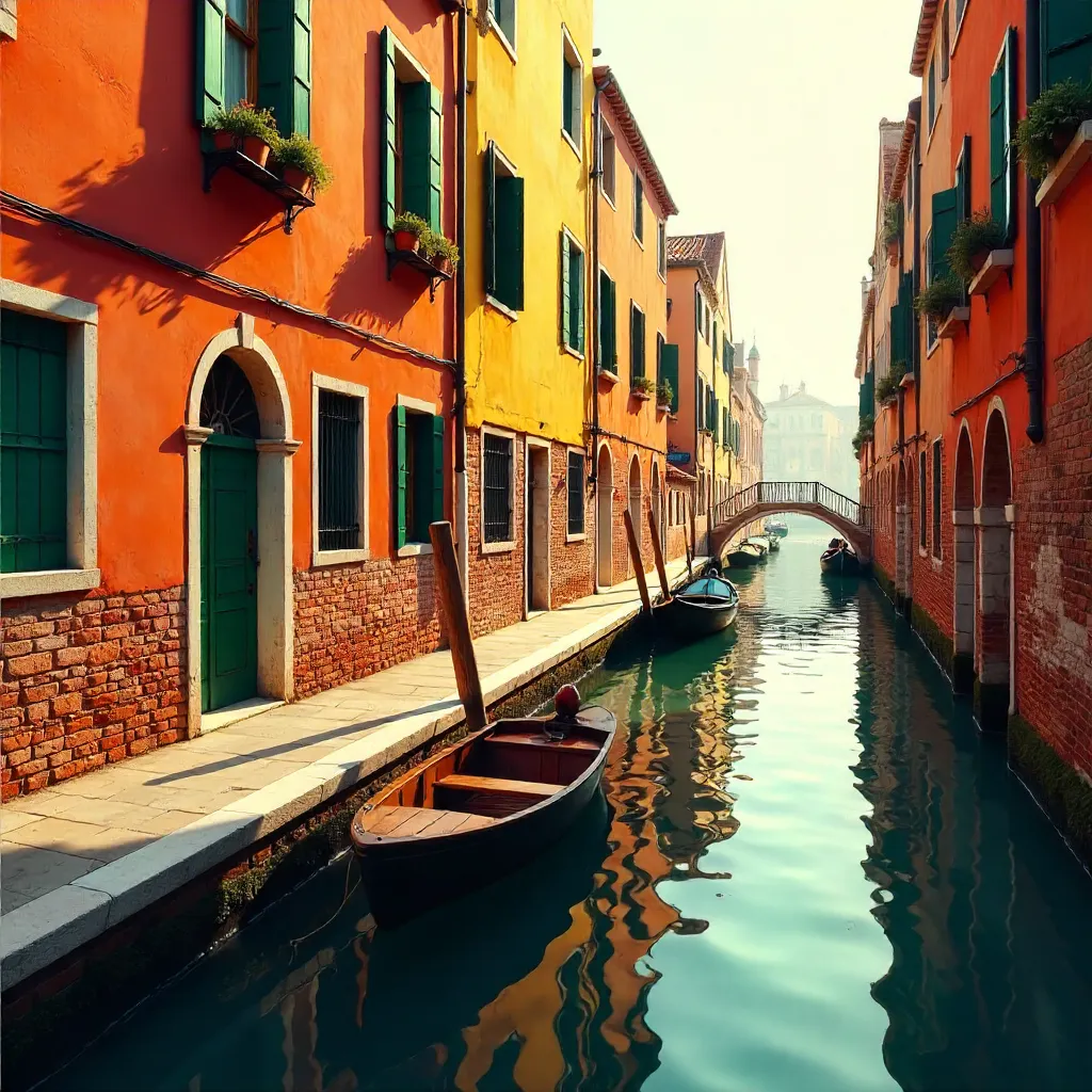 Vibrant Venetian Canal: Orange Facades & Boat
