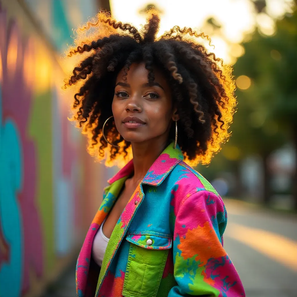 Portrait of a Stylish Woman in a Vibrant Artistic Jacket Outdoors